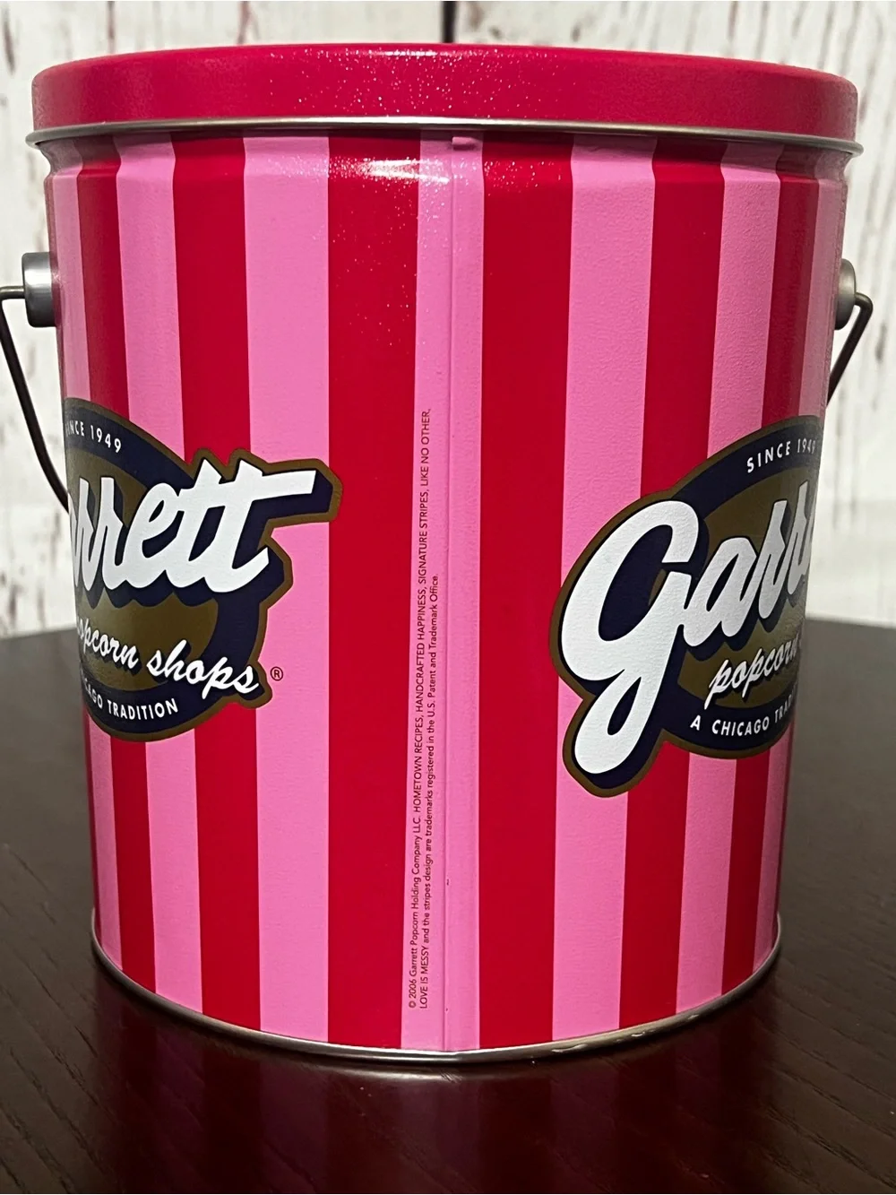 Garrett Popcorn Shops Pink & Red Striped Tin Bucket